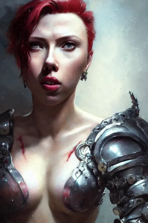 Image similar to scarlet johansson, legendary warrior, heroic fighter, dungeons & dragons, tattoos, decorative ornaments, battle armor, by carl spitzweg, ismail inceoglu, vdragan bibin, hans thoma, greg rutkowski, alexandros pyromallis, perfect face, detailed, sharply focused, centered, rule of thirds, realistic shading