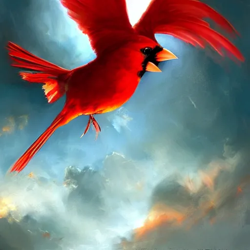 Image similar to a painting of a red cardinal flying through the sky, poster art by raymond swanland, deviantart, fantasy art, christian, deviantart, mystical