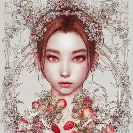 Image similar to the portrait of an absurdly beautiful, graceful, elegant, sophisticated, fashionable young gravure idol made of strawberries and white petals, an ultrafine hyperdetailed illustration by kim jung gi, irakli nadar, intricate linework, bright colors, octopath traveler, final fantasy, unreal engine 5 highly rendered, global illumination, radiant light, detailed and intricate environment