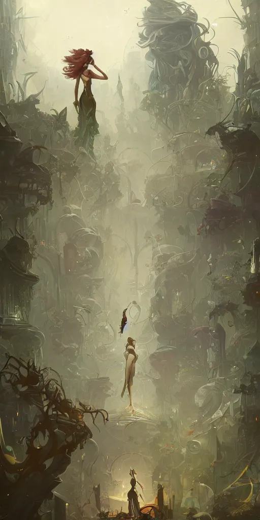 Prompt: a detailed concept art of a woman against the background of an overgrown city , artstation, by Peter Mohrbacher, Art Nouveau, sophisticated, Unreal engine, intricate