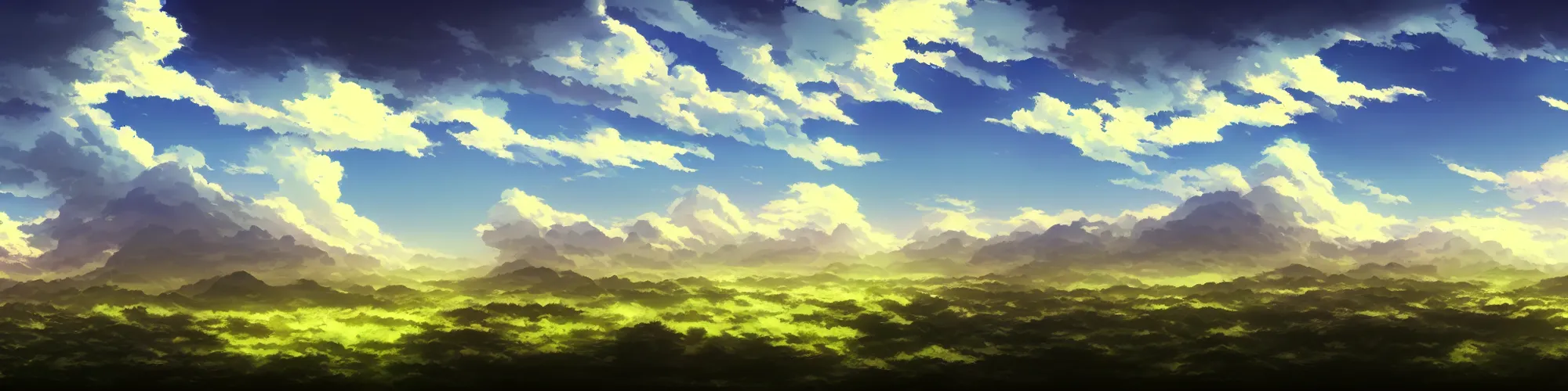 Image similar to panorama view of the sky. matte painting, anime, studio ghibli. professional digital painting, artstation, concept art, smooth, beautiful, cinematic. no mountains and trees.