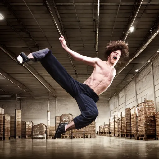 Prompt: an elgant detailed portrait of a male model boisterously dancing around the room by himself holding an empty wine bottle as he jumps in the air in a (warehouse), striking artistic concept, perfect composition, detailed facial expression, fine detail, dramatic lighting, award-winning photo UHD, 4K