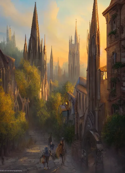 Prompt: A fantasy digital concept painting of a street-level view of a town on the side of a large hill topped by a massive cathedral, golden hour, by Elodie Mondoloni