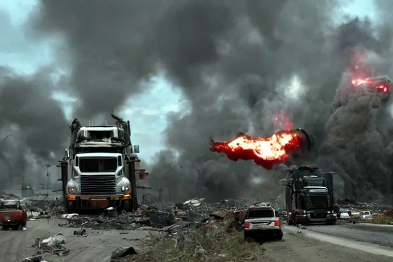Prompt: a giant truck, transforming into a war machine on a destroyed highway. special effects, highly detailed, filmic. michael bay.