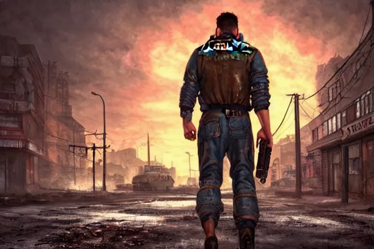 Image similar to fallout 5, adam sandler as protagonist, portrait, outdoors european cityscape, atmospheric lighting, painted, intricate, volumetric lighting, beautiful, daytime, winter, clear weather, mutated wildlife, sharp focus, deep colours, ultra detailed, art by william turner