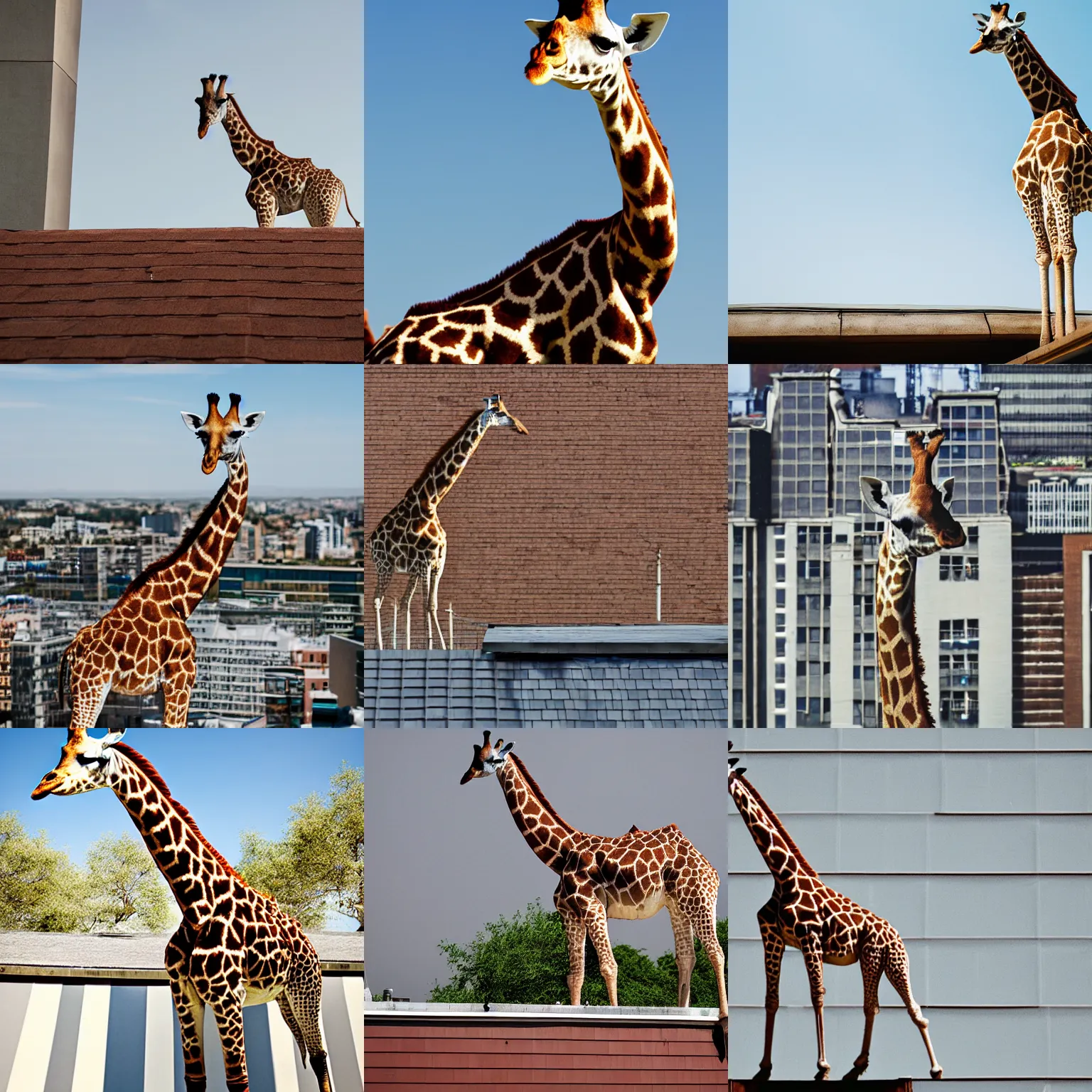 Prompt: giraffe standing on the rooftop