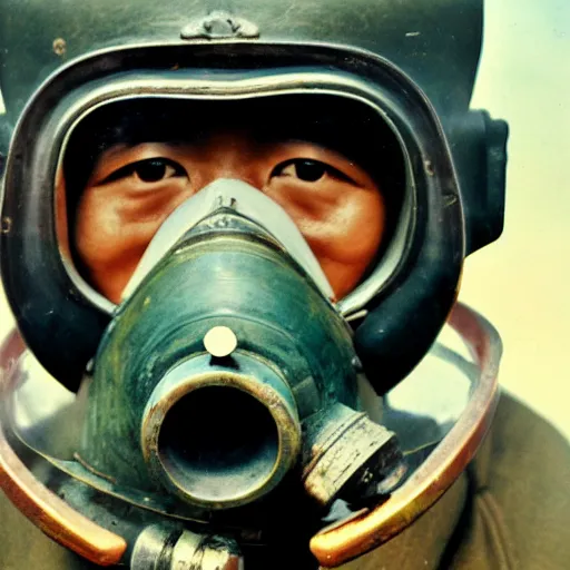 Image similar to 8 k uhd portrait from asian guy wear gas mask in 1 9 4 5, uhd details, national geography winning photo contest