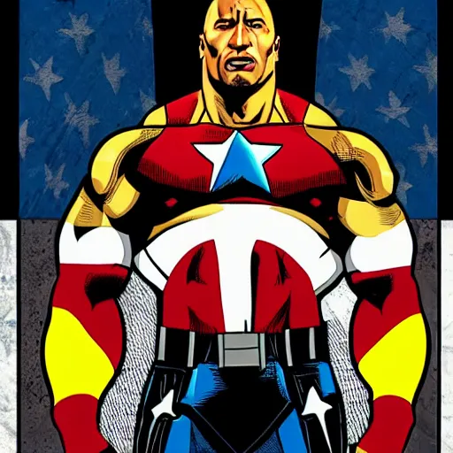Image similar to dwayne johnson as captain america posing for a cover of a comic book, in the style of a colored comic book, highly detailed, precise, high definition