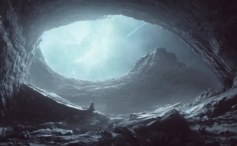 Prompt: a nordic extraterrestrial spaceship at the end of the worm hole leading to planet earth, epic scene, extremely detailed masterpiece, extremely moody lighting, glowing light and shadow, atmospheric, shadowy, cinematic, god lighting