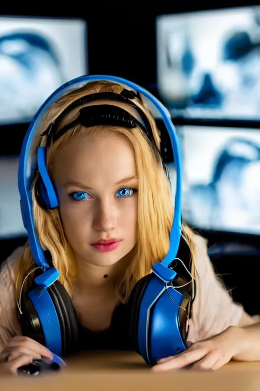 Image similar to gorgeous gamer girl with blonde hair and blue eyes playing on her computer, portrait shot of her face lit up by the monitor, wearing gaming headset, dark atmosphere, dynamic lighting