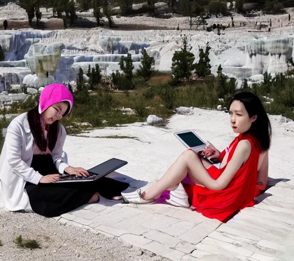 Image similar to Lee Jin-Eun hacking a laptop at Pamukkale by Martine Johanna, rule of thirds, seductive look, beautiful