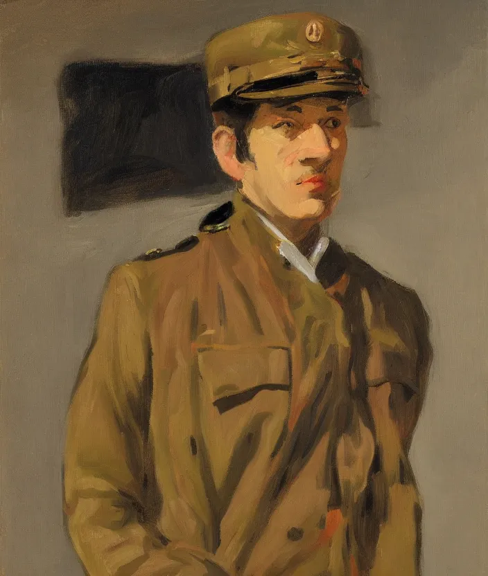 Prompt: a very detailed portrait of a man, wearing a colorful military jacket, frontal view, in the style of edward hopper and oswald hornby joseph birley, very small brushstrokes, 4 k,