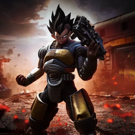 Image similar to vegeta in gears of war, splash art, movie still, cinematic lighting, ray tracing, octane render, long lens, shallow depth of field, bokeh, anamorphic lens flare, 8 k, hyper detailed, 3 5 mm film grain