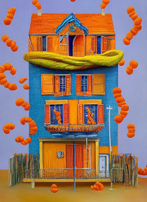 Prompt: cheeto house, extremely detailed, painting in the style of rene margitte, surrealist