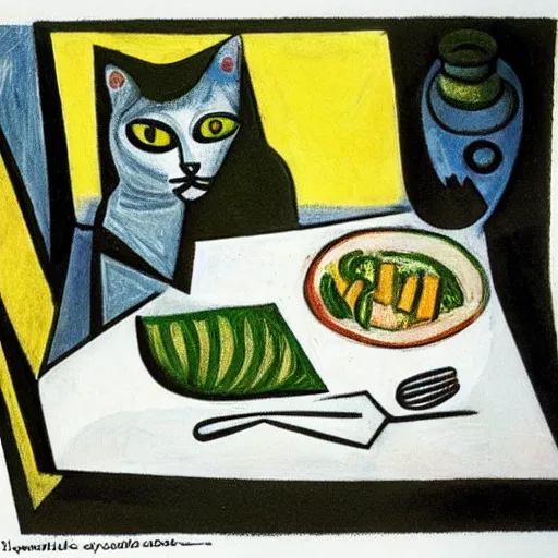 Prompt: upset cat sitting at table with salad, drawn by pablo picasso, painting