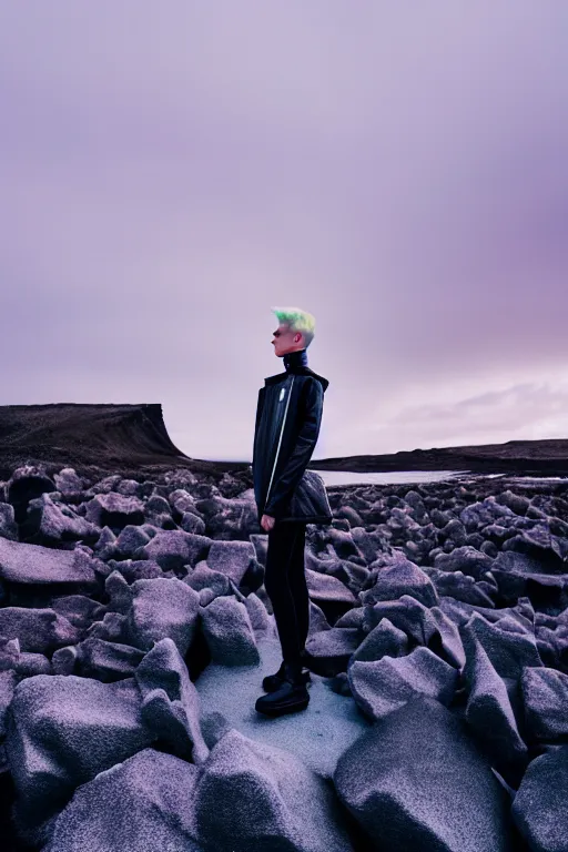 Prompt: high quality pastel coloured film wide angle selfie photograph of an androgynous cyber model standing in an icelandic black rock environment. three point light. photographic. art directed. pastel colours. volumetric light. stark. rocks. waves. 8 k. filmic.