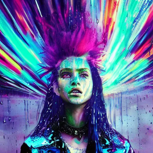 Prompt: splashes of neon galaxies, mowhawk, punk women portrait made out of paint with rain in the background, trending on artstation, epic composition, emotional, beautiful, rendered in octane, highly detailed, realistic, tim burton comic book art, sharp focus, matte painting, unreal engine