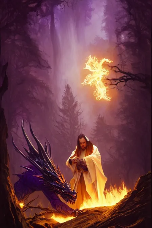 Image similar to a dark dragon is gnawing a wizard in a white robe with a golden border, in a magical forest clearing, details, purple fire around magic arena, arcane style, futurism, painting by greg rutkowski, j. c. leyendecker, artgerm