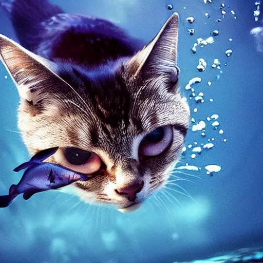 Image similar to a cat and a fish swimming together under water, photorealistic, very detailed, beautiful lighting, 4k