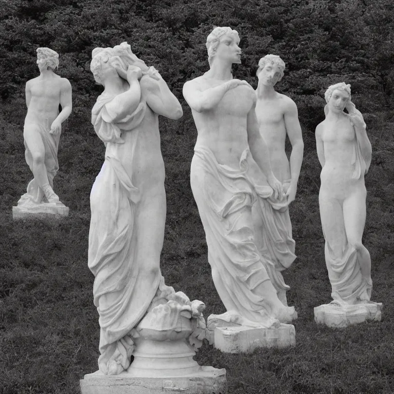 Prompt: marble statues in a field, film photo, soft lighting album cover, nostalgia, gradient