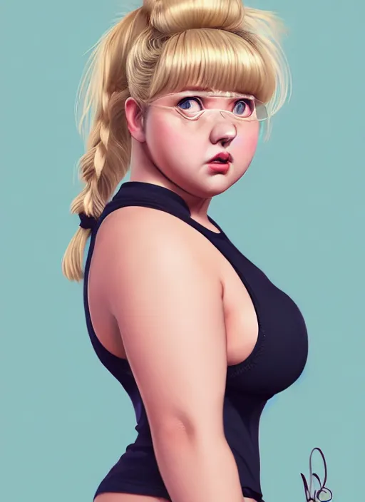 Image similar to full body teenage betty cooper, blonde hair, obese, bangs, ponytail, sultry, realistic, sultry smirk, ponytail, fluffy bangs, curly bangs, fat, belly, beautiful girl, intricate, elegant, highly detailed, digital painting, artstation, concept art, smooth, sharp focus, illustration, art by wlop, mars ravelo and greg rutkowski