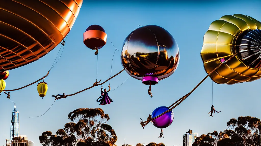 Prompt: large colorful futuristic space age metallic steampunk balloons with pipework and electrical wiring around the outside, and people on rope swings underneath, flying high over the beautiful adelaide in south australia city landscape, professional photography, 8 0 mm telephoto lens, realistic, detailed, photorealistic, photojournalism