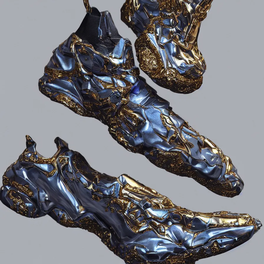 Image similar to futuristic balenciaga sneakers, nft art, highly detailed, hyper realistic, a ton of bussdown iced gold bling in wallace & gromit strata - cut claymation, ultra realistic, concept art, intricate details, serious, highly detailed, photorealistic, octane render, 8 k, unreal engine