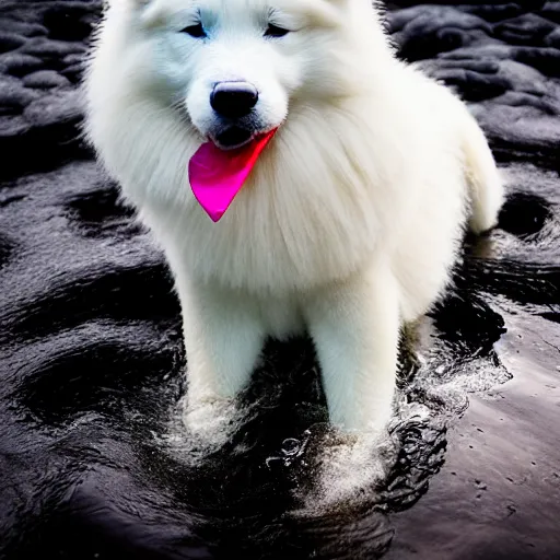 Prompt: beautiful photograph of samoyed dog taking a bath in a pool full of lava, professional photography, sigma 5 6 mm f 8