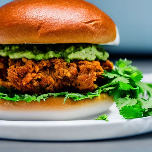 Prompt: Cemitas Fried chicken, chipotle Spread, oaxaca cheese, tomato, cilantro, onion and avocado on sesame seed bun, food photography, 4k