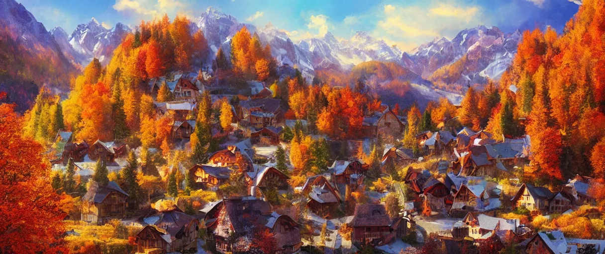 Prompt: a puritan alpine village in the fall, unique artstation artist, vibrant colors,