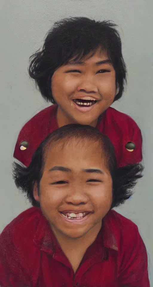 Prompt: oil portrait of a teenage chubby filipino boy smiling with crooked teeth, with a curly perm, and with small studded earings, 4 k, photorealistic, high detail