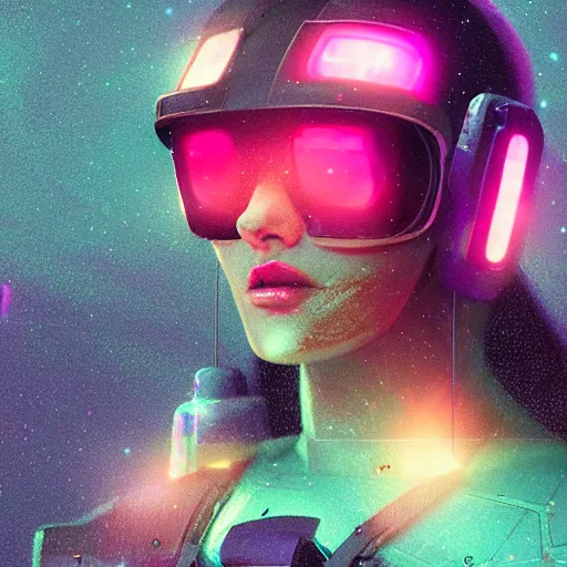 Image similar to cyberpunk concept cool warrior girl bot, cinema 4 d, galaxy, ufo, space sci - fi, wearing vr goggles, illustration, portrait, pastel neon textured background night, trending on artstation, greg rutkowski, octane rendered, 1 2 k, detailed,