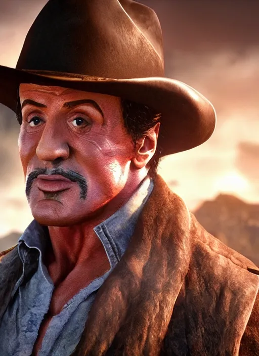 Image similar to an film still of sylvester stallone as cowboy with beard, western background, unreal engine. amazing likeness. very detailed.