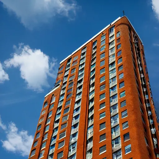 Prompt: brick skyscraper apartment building architectural marvel in london sky beautiful day clouds double-decker buses london cab