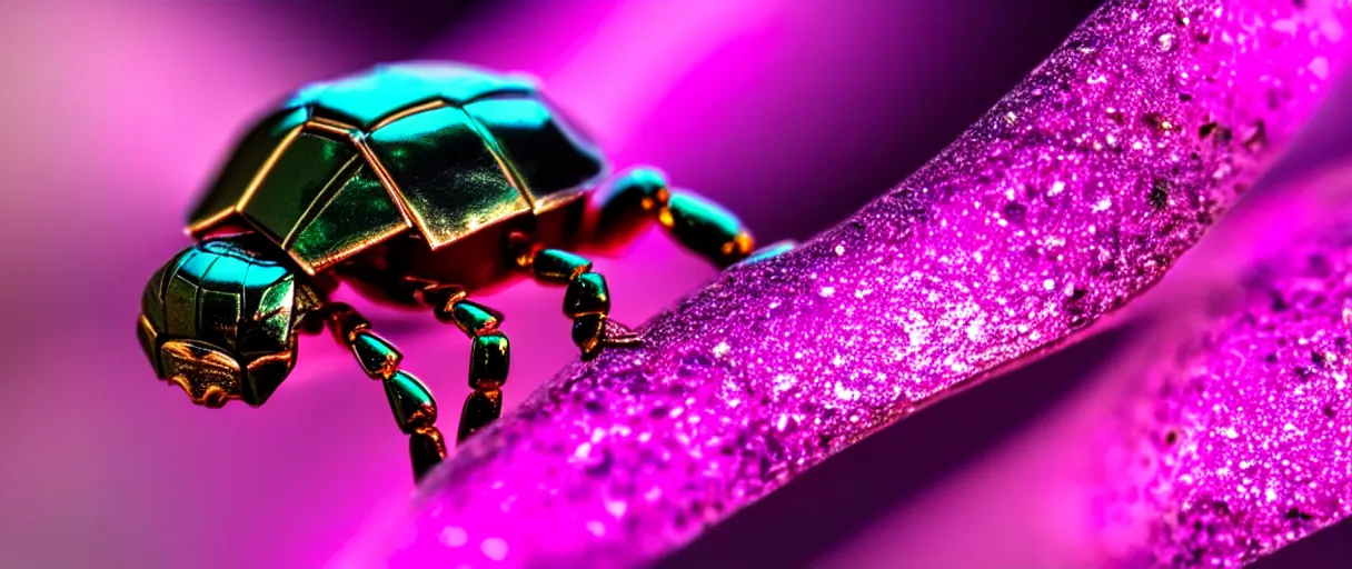 Image similar to high quality close-up photo scarab!! jeweled pearlescent gorgeous hyperdetailed moody pink lighting low angle hd 8k sharp shallow depth of field