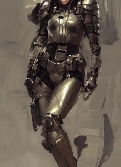 Image similar to a professional painting of a beautiful young female, clothed in military armor, olive skin, long dark hair, beautiful bone structure, symmetrical facial features, intricate, elegant, digital painting, concept art, smooth, sharp focus, illustration, from Metal Gear, by Ruan Jia and Mandy Jurgens and Artgerm and William-Adolphe Bouguerea