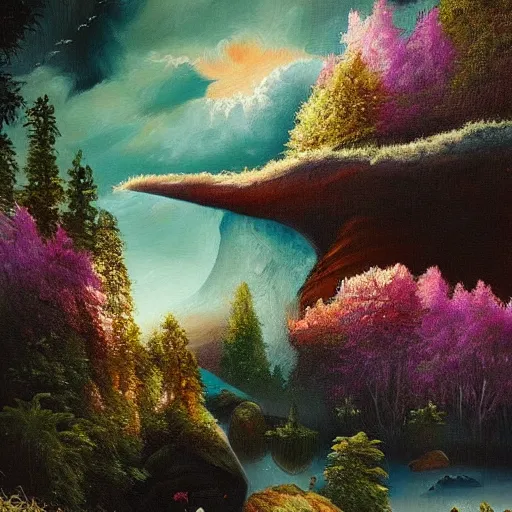 Image similar to large landscapes from another world, beautiful painting, very detailed fauna and flora, enhance lighting