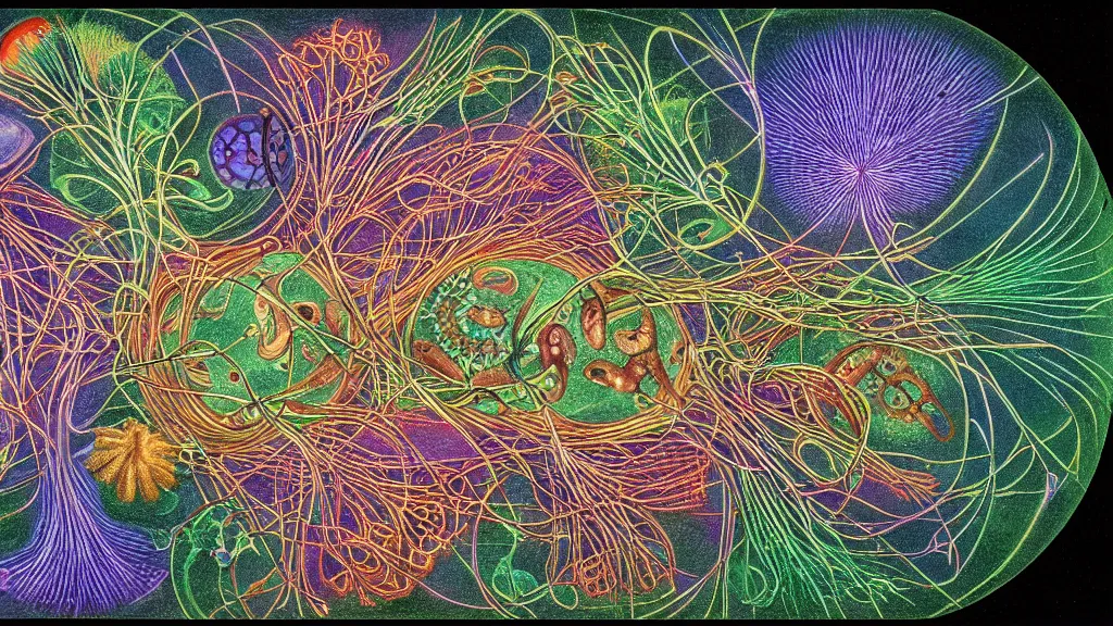 Image similar to quantum connections represented as symbiotic organisms like cells playing around with colorful lights by ernst haeckel, connectivity, sharp, realistic, magnetic