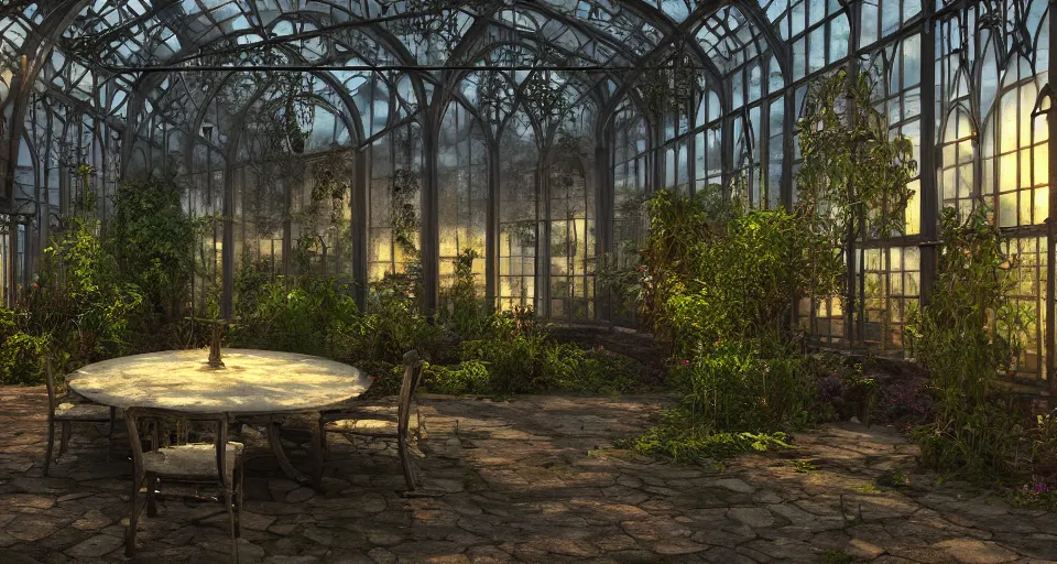 Prompt: night in a broken gothic walled greenhouse with dead plants, table in the center by Anne Stokes. octane Render, artstation, wallpaper, volumetric light..