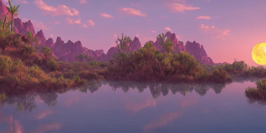 Image similar to ultra detailed and realistic painting of the sunset and a full moon in an environment of water mountains desert and forest inspired by very beautiful cute and colored disney movie backgrounds, rendered in 8 k unreal engine