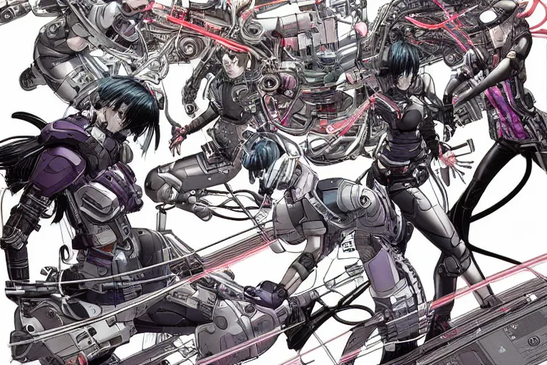 Prompt: a cyberpunk illustration of a group of four female androids in style of masamune shirow, lying scattered across an empty, white floor with their bodies rotated in different poses and cables and wires coming out, by yukito kishiro and katsuhiro otomo, hyper-detailed, intricate