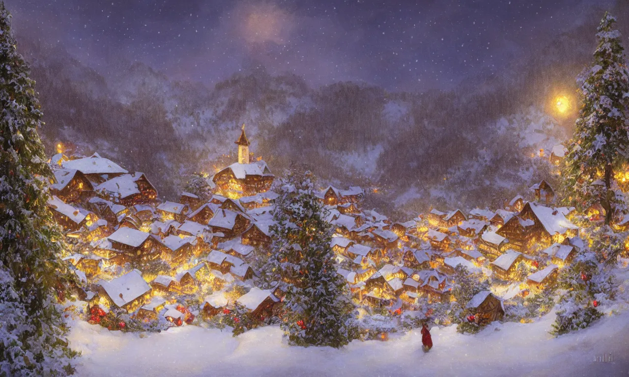Image similar to a beautiful landscape painting of a small swiss mountain village in the snow at night with Christmas trees and fairy lights by Alfons Maria Mucha and Julie Dillon and Makoto Shinkai, vivid colors, high details, cinematic, 8k resolution, beautiful detailed, photorealistic, digital painting, artstation, concept art, smooth, sharp focus, illustration, fantasy background, artstation trending, octane render, unreal engine