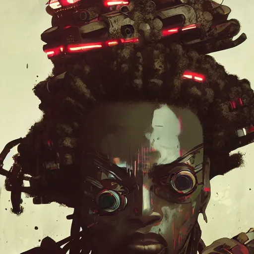 Prompt: afro samurai with robotic eyes in a cyberpunk style, Apex Legends character, digital illustration portrait design, by android jones and greg rutkowski, retrowave color scheme, detailed, cinematic lighting, wide angle action dynamic portrait