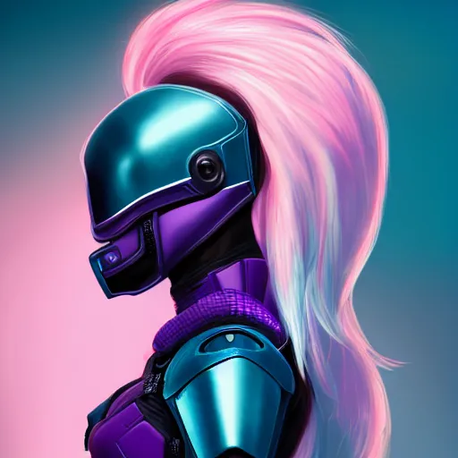 Image similar to a stunning upper body portrait of a beautiful young woman wearing futuristic navy blue and teal battle bodyarmor and pauldrons and ombre purple and pink hairstyle with hair blowing in the wind, by marvel comics, outrun, vaporware, highly detailed, fine detail, intricate, digital art, trending on artstation