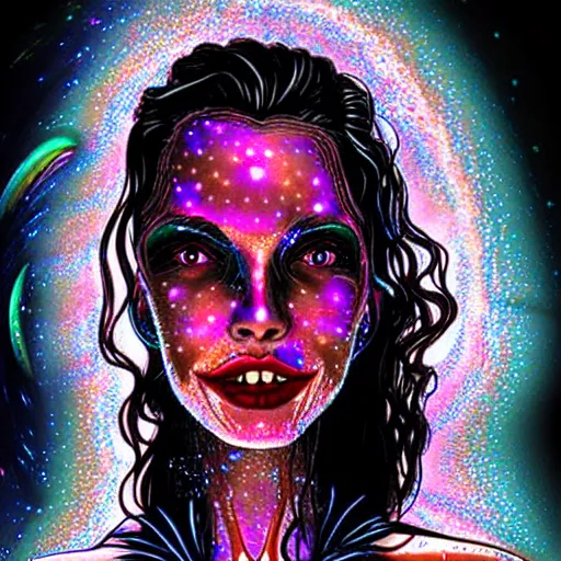 Image similar to vampire woman portrait made out of galaxies, beautiful, cyborg, tim burton comic book art