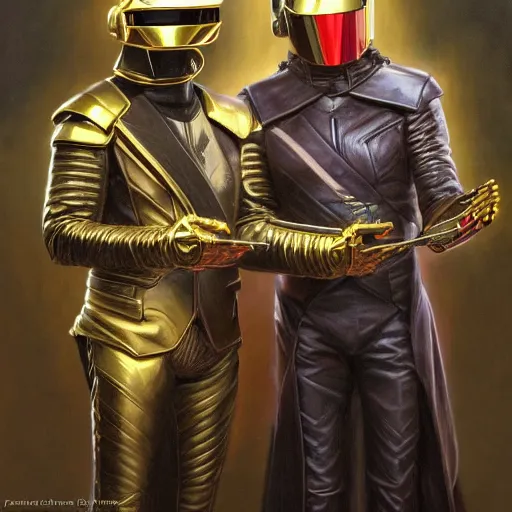 Prompt: Daft Punk as D&D characters, portrait art by Donato Giancola and James Gurney, digital art, trending on artstation
