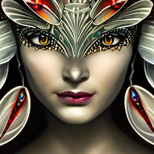 Prompt: closeup portrait of a beautiful art deco faerie queen with glowing eyes, moth wings with geometric patterns, reflective detailed textures, highly detailed dark fantasy science fiction painting, silver and cool colors, extremely detailed, photorealistic, artstation