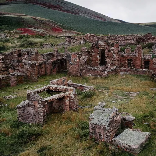 Prompt: the ruins of a giant village made out of stone bricks and overgrown with red moss, in a landscape with hills and swirling trees, and giant black crimson mountains on the horizon, gloomy