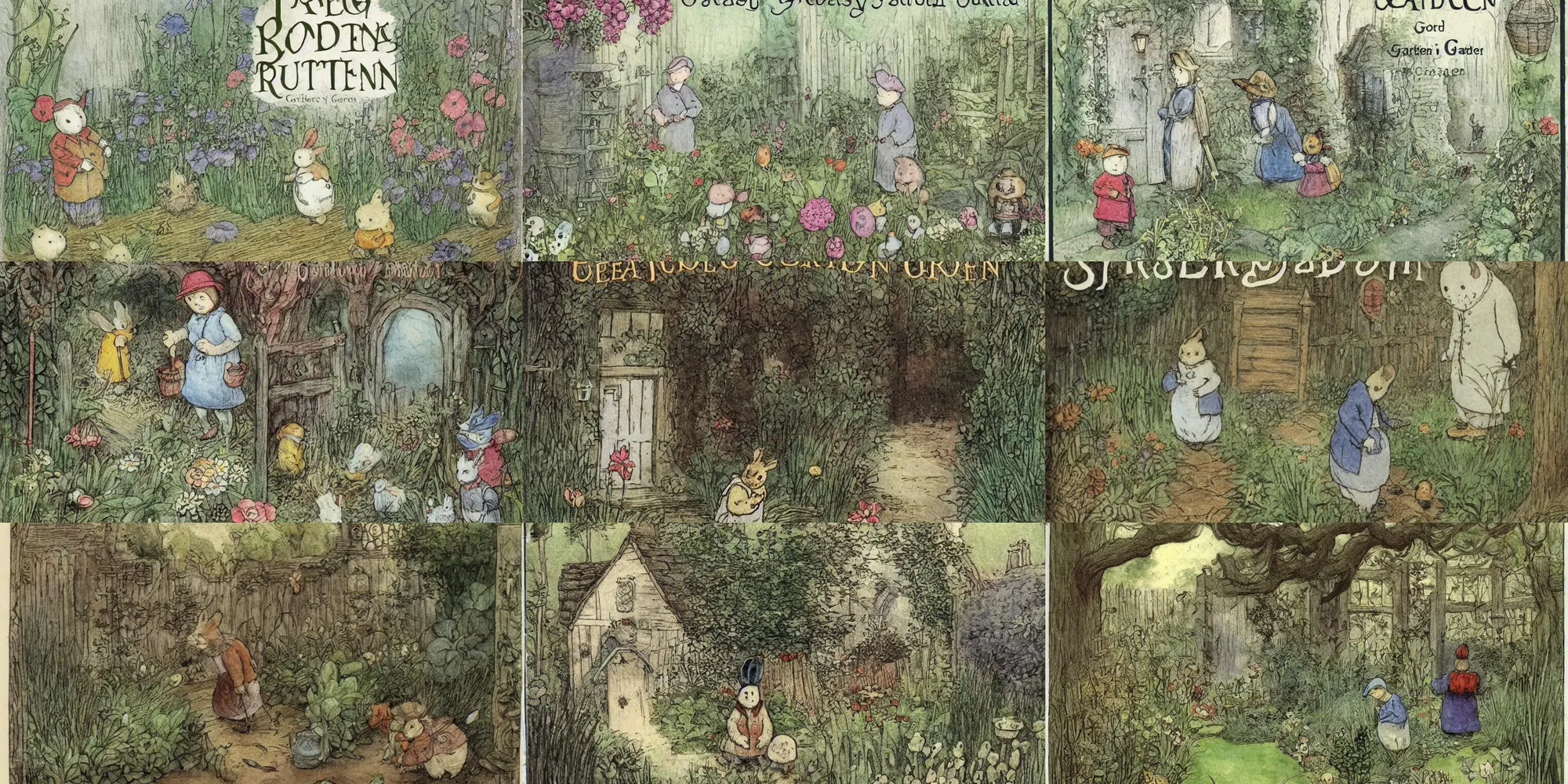 Prompt: creepy garden by beatrix potter. book cover