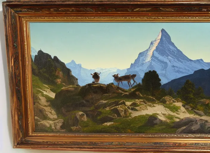 Image similar to alpine ibexes climbing in the alps with the matterhorn in the background in the style of hudson river school of art, oil on canvas